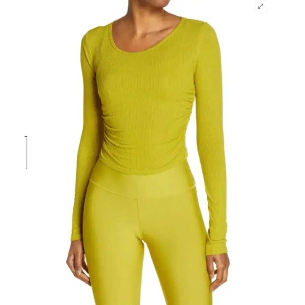 alo Gather Long Sleeve Rib Crop Top Chartreuse NWT XS